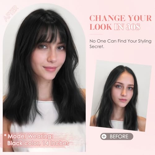 Hairro Human Hair Topper with Wispy Bangs, Clips on 360¡Æ 3D Cover Real Hairpieces Lightweight, 2.25"x6" Base for Women with High Hairline/Thinning Hair, 8 Inch Natural Black Bangs