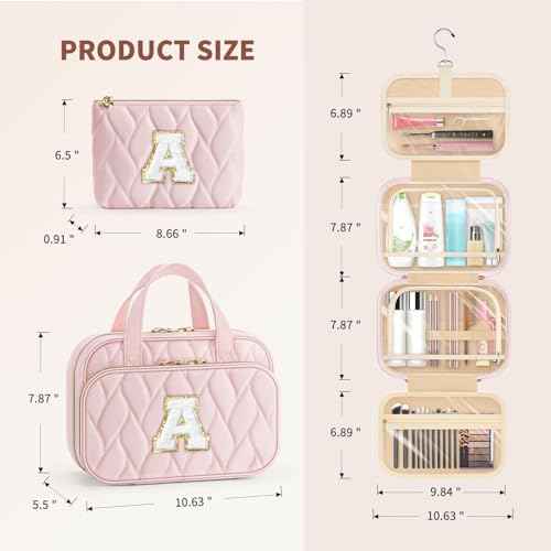 YOOLIFE Teen Girl Gifts Trendy Stuff - Birthday Gifts for 7 8 9 10 11 12 13 14 15 16 17 18 Year Old Teen Girls, Hanging Toiletry Bag Initial Makeup Bag Black - A