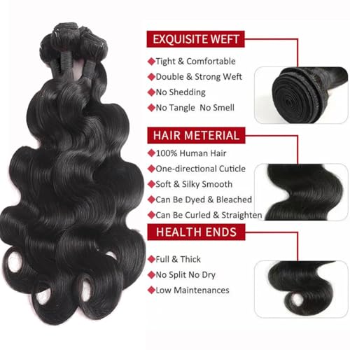 Body Wave Human Hair 4 Bundles (16 18 20 22) Unprocessed Brazilian Virgin Human Hair Extensions Brazilian Body Wave Weave Bundles Soft and Silky Natural Black Wavy Hair Quick Weave Bundle for Women