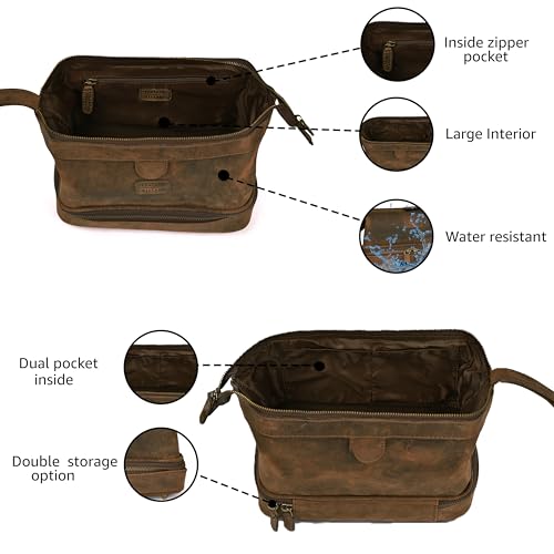 LEATHER VILLAGE Genuine Leather Dopp Kit ? Large Travel Toiletry Bag with Waterproof Lining, Dual-Zip Design for Men & Women, Organizer for Shaving, Makeup & Essentials - Brown