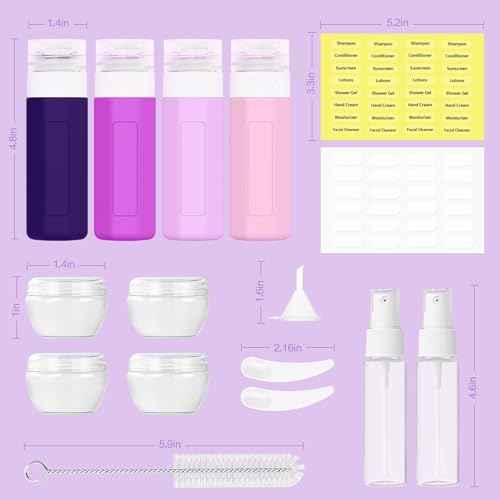 Redfly 17PCS Travel Bottles for Toiletries, TSA Approved Travel Size Containers, Leak Proof Travel Containers for Toiletries, Silicone Travel Kit for Shampoo, Conditioner, Lotion & Creams Purple
