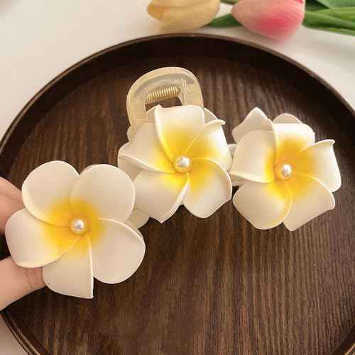 Hawaiian Plumeria and Hibiscus Flower Hair Clips for Women - Cute Large Pearl Non-Slip Claw Clips for Thick Hair, Beach Hair Accessories