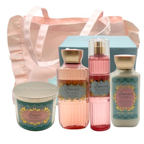 Bath & Body Works SWEETEST SONG 4-piece Deluxe Gift Set ? Fine Fragrance Mist, Body Wash, Body Lotion & 3-wick Scented Candle with Pink Tote Bag