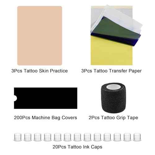 228Pcs Fake Skin Tattoo Practice Kit for Beginners - Include 3 Tattoo Skins 3 Transfer Paper 2 Tattoos Cover Up Tape 200 Machine Covers 20 Ink Caps for Tattoos Starter Kit Tattooing Supplies