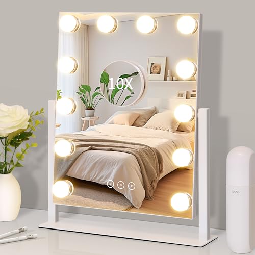 Vanity Mirror with Lights,Lighted Vanity Mirror with 12 Dimmable Bulbs for Dressing Room & Bedroom,3 Color Lighting,Modes Detachable 10x Magnification 360¡ÆRatation (White) 14.6" L x 17" W