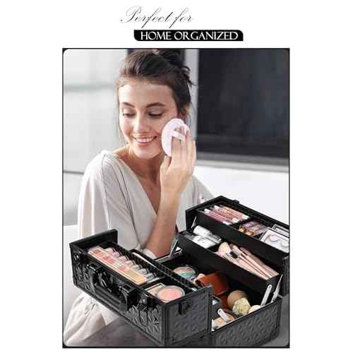 Joligrace Makeup Train Case Professional Cosmetic Organizer Aluminum Storage Box with 4 Adjustable Dividers Trays Lockable Portable with Shoulder Strap