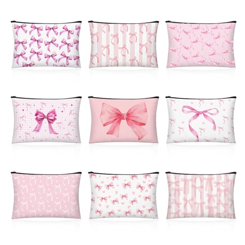 9 Pcs Pink Bow Makeup Bag Coquette Makeup Bag for Pretty Women Zipper Pouch Travel Toiletry Bags Pink Trendy Pouch Gift for Coquette Birthday Paty Favor Girls Travel Storage Accessories