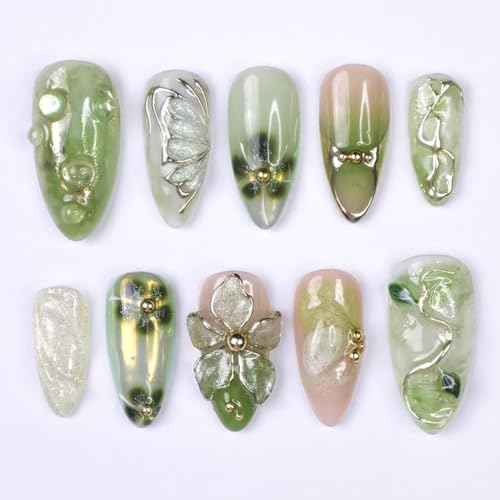 30Pcs Green Press on Nails Butterfly with Gold Vine Designs 3D Floral Fake Nails Medium Almond False Nails Flower Stick On Nails Handmade Spring Nail Art for Holiday, Vacation, Gift, Nail Kit