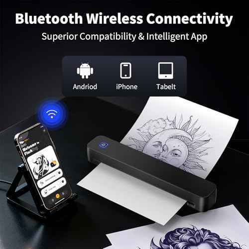 Professional Tattoo Stencil Printer - Bluetooth Wireless Thermal Transfer Printer Machine for Tattooing, Includes 10pcs Transfer Paper, Compatible with Tablet & Smartphons & PC, Black