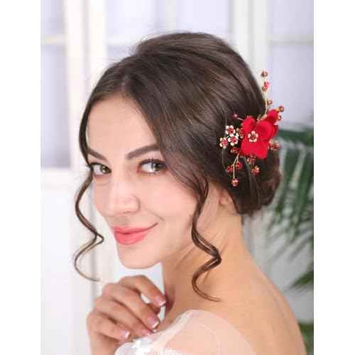 Teyglen Red Flower Wedding Hair Clip Pin Rhinestone Bridal Hair Clip Handmade Red Crystal Pearl Hair Barrette Wedding Headpeice Hair Accessories for Women