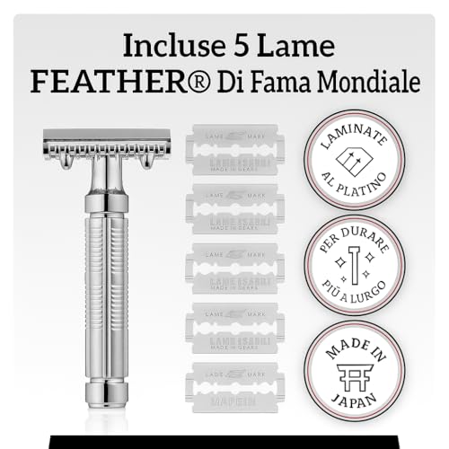 Mr. Fine Premium Double Edge Safety Razor for Wet Shaving, Single Blade Razor, Close Shave, Open-Comb Guard, 100% Metal w/Stainless Steel Core, 5 Feather Blades