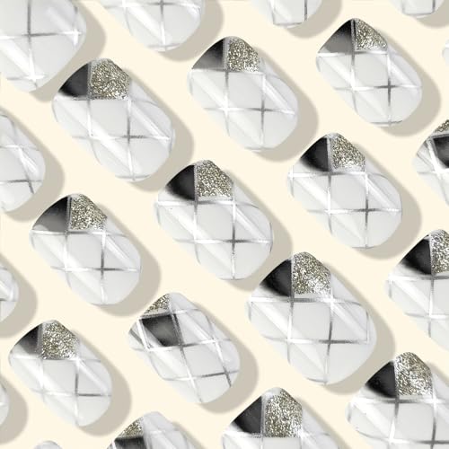 Silver Press on Nails Short Square Fake Nails Glossy White Acrylic Nails with Plaid Line Design Squoval False Nails Full Cover Glue on Nails for Women Girls Nails Decoration 24 Pcs
