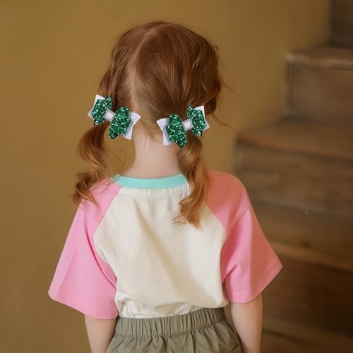 Glitter Hair Bow Clips 3.5 Inch Sweet Hairpins Girls Teens Kids Sparkly Hair Accessories for School Birthday Holiday Party Decor, White&Green