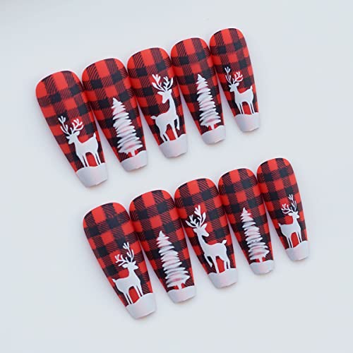 24Pcs Christmas Press on Nails Medium Length Red Buffalo Plaid Coffin Fake Nails Xmas Tree Deer False Nails with Nail Glue Full Cover Acrylic Nails for Women Girls DIY New Year Nail Decor
