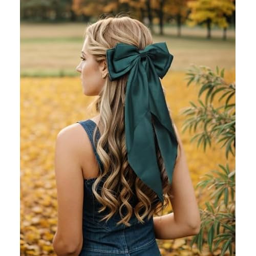 Furling Pompoms Hair Bows for Women,Large Satin Silky Hair Bow Clips Ribbon Long Tail French Barrette Hair Clamps Girls Hair Accessories Party Wedding Christmas Thanksgiving (Popular Colors)