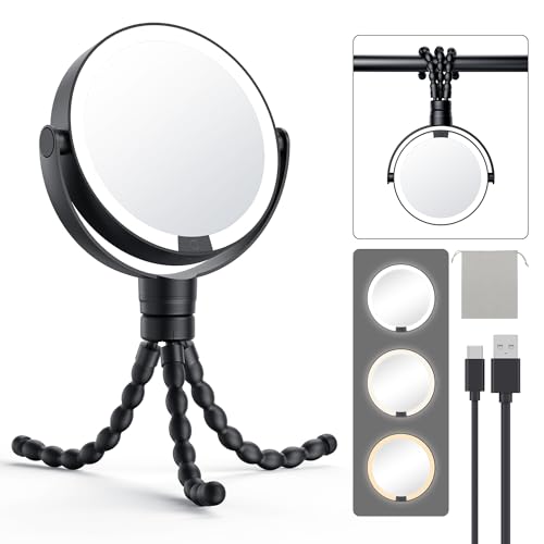 Gospire 5.85¡± Tripod Travel Makeup Mirror with Lights and Magnification 1X/10X, 4 in 1 Winding Hanging Handheld Tabletop, 3 Light Colors and Adjustable Brightness ? Black