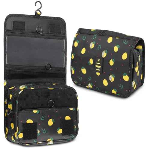 Foldable Hanging Travel Toiletry Bag,Waterproof Portable Travel Bags, Multifunction Travel Makeup Cosmetic Bag Organizer with Hanging Hook (Black Lemon)