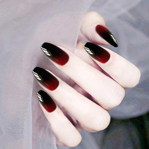 Glossy Press on Nails Black Coffin Fake Nails Halloween Ombre Full Cover Acrylic False Nail for Women and Girls (24Pcs) (Red Black)