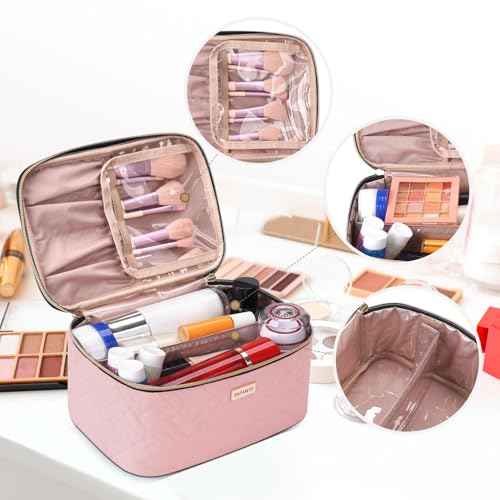 5L Travel Makeup Bag, Portable Cosmetic Bag for Women, Large Capacity Travel Toiletry Accessories Organizer case with Divider, Pink 1.34 GAL