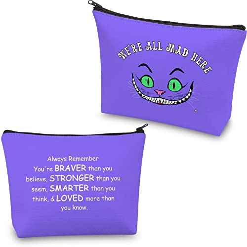 CMNIM We Are All Mad Here Alice Gift Makeup Bag Smiling Cat Wonderland Quote Cosmetic Bag Alice Fairy Tales Gifts (We Are All Mad Here purple)
