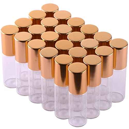 MaxMau Roller Bottles for Essential Oils, 24pcs 5ml Roll on Bottle Clear Glass Sample Test Refillable with Opener Funnel Dropper Golden Cap For Home Travel