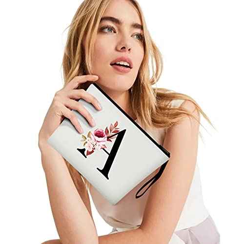 Vavabox A-Z Personalized Makeup Bag, Birthday Gifts for Women Mom, Gifts for Best Friend, Bride Bridesmaid Cosmetic bag (A, White)