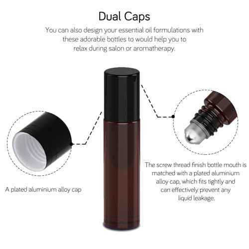 PrettyCare Set of 12, 10 ml Amber Glass Roller Bottles for Essential Oil with Stainless Steel Roller Ball - Refillable Leak-proof Empty Roll on Bottles with Black Caps for Travel, Perfume, Lab