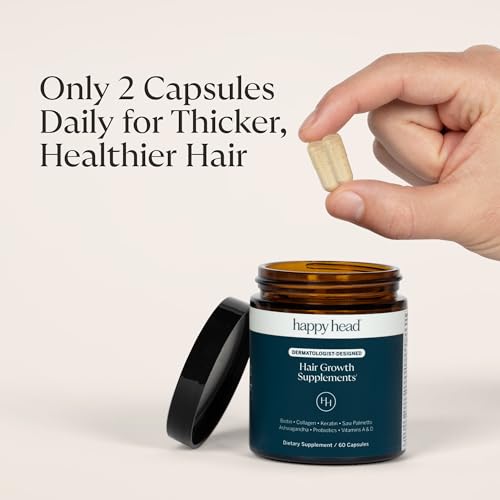 Happy Head Hair Growth Supplement for Men and Women ? Thicker, Fuller Hair with Saw Palmetto, Ashwagandha, Biotin, Collagen, Keratin, Probiotics & Vitamins A & D ? One Month Supply ? 60/ct