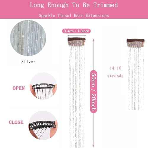 Hair Tinsel Clip in Extensions Silver Fairy Glitter Tinsel Kit for Women Heat Resistant 21.5In 6Pcs Festival Accessories for Party, Christmas, New Year, Halloween, Cosplay