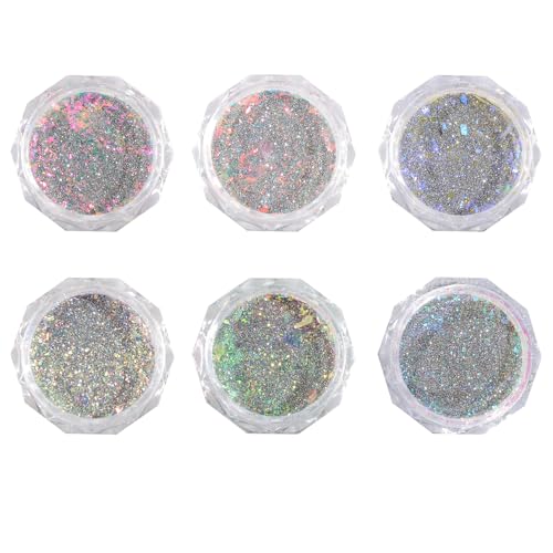 6 Colors Nail Art Glitter Diamond Dust Iridescent Nail Powder Chunky Glitter Confetti Foil Flakes Sequins for Nail Art Supplies, Gel Polish, Mermaid Makeup, Body, Resin ? Glittering Iridescence