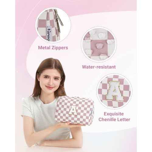 Narwey Christmas Gifts Personalized Initial Makeup Bag, Teen Girls Kids Trendy Stuff 10 11 12 13 14 16 18 Years Old, Gift for Women Bridesmaid Graduation, Travel Toiletry Preppy Cosmetic Bag (Pink A)