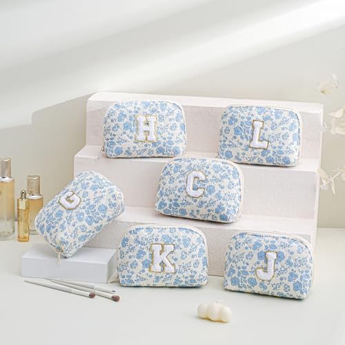 JOVAKIT Conch Alphabet Makeup Bag Cosmetic Bag for Women, Christmas Gifts for Women Girls, Blue Floral Coquette Travel Bag, Zipper Make Up Pouch Organizer Trendy Stuff (Blue Floral B)