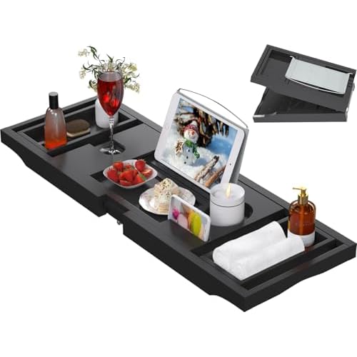 Artmalle Bathtub Caddy Tray - Expandable and Foldable Bath Tray for Tub, Luxury Bamboo Bath Caddy Tub Table, Bathtub Accessories with Book Holder and Free Soap Dish, Black