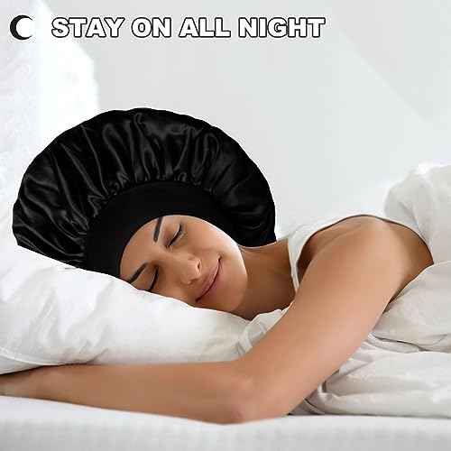 Extra Large Satin Bonnet Hair Cap, 17inches Silk Bonnet for Sleeping, Jumbo Silk Sleep Cap for Women Braids Curly Hair Locs 1Pcs (Black)