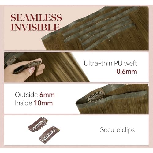 LOVELINE Seamless Clip in Hair Extensions Real Human Hair, Luxury Remy Human Hair Extensions Clip ins for Women, 18 Inch 110g 7Pcs, Balayage Chocolate Brown to Caramel Blonde