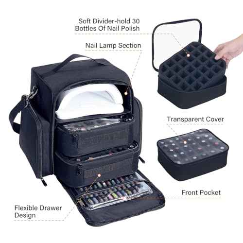 Nail Polish Organizer Case Holds 60 Bottles Portable Travel Storage Box with 2 Detachable Bags, Designed for Women's Nail Tools, Essential Oils and Cosmetics Sets Black