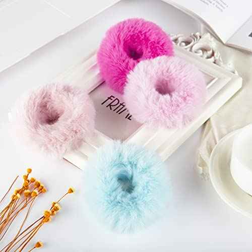2 PCS Pink Pom Pom Hair Tie Fuzzy Furry Faux Rabbit Fur Scrunchies for Girls Women Hair Accessories