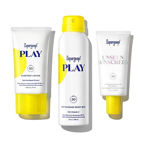Supergoop! Travel Kit - Includes PLAY Everyday Lotion (2.4 oz) + Unseen Sunscreen (1.7 oz) + PLAY Antioxidant Body Mist (3 oz) - Broad Spectrum Sunscreen Recommended for Sensitive Skin