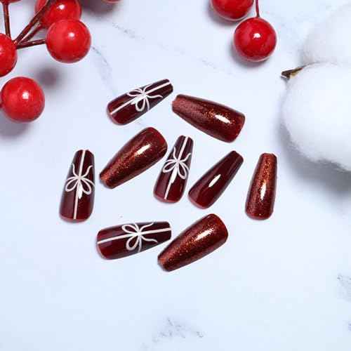 Christmas Press on Nails Long Coffin Fake Nails Wine Red Press on False Nails with White Gift Banderole Tips Designs Red Glitter Cute Acrylic Nails Full Cover Holiday Glue on Nails for Women and Girls