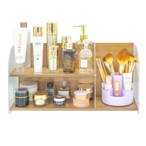 2-Tier Acrylic Makeup Organizer & Skincare Storage Cabinet Countertop Bamboo Desktop Organizer for Cosmetics, Skincare, and Essentials -Brown