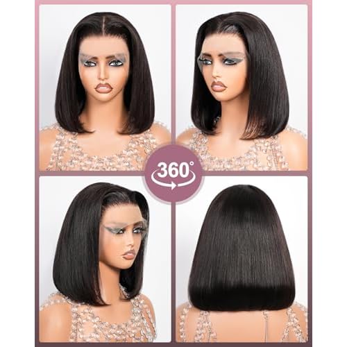 Bob Wig Human Hair 13x4 HD Lace Front Wigs Human Hair 200% Density 15A Straight Bob Wigs For Black Women Glueless Wig Pre Bleached Pre Plucked With Baby Hair (10inch)