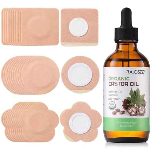 30Pcs Castor Oil Pack Wrap for Belly Button with 4oz Organic Castor Oil in Glass Bottle, Highly Absorbent Cotton Belly Button Patches Self Adhesive