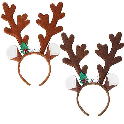 2Pcs Christmas Headband Antlers Reindeer Headband Antlers Hair Hoop Headpiece for Christmas Easter Halloween Party(Dark Brown Light Brown)