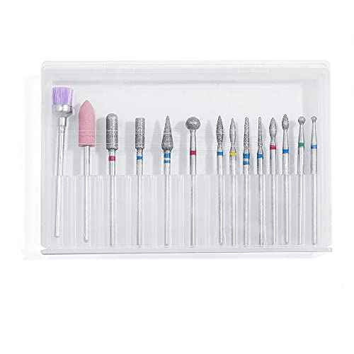 14pcs Nail Drill Bits Set, Professional Rotary Burrs Diamond Cuticle Remover Bits Kit, 3/32" Electric Manicure Nail File Bit for Acrylic Gel Nails Cuticle Manicure