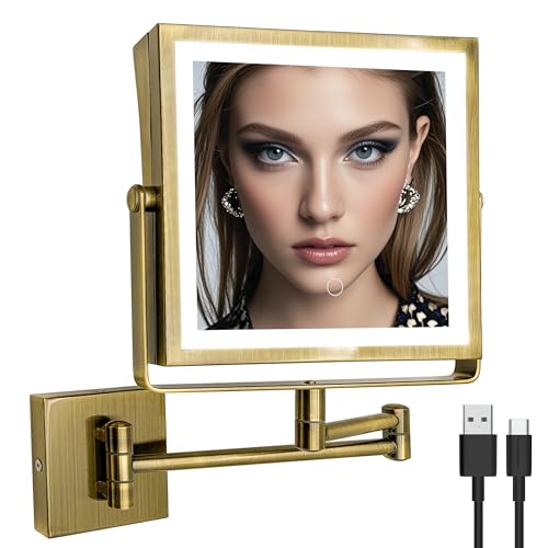 Ruacq Rechargeable Wall Mounted Makeup Mirror with Lights, Double Sided 1X/10X Magnifying Vanity Mirror with 3 Color Lights, Touch Screen Dimmable, 360¡Æ Rotation Extension Foldable Arm(Antique Brass)
