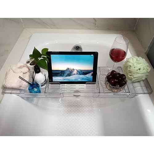 Adjustable Bathtub Tray - Transparent Acrylic Expandable Bath Shelf, Spa Caddy Tray for Relaxing Reading, Wine Glass, Women Luxurious Bathtub Accessories