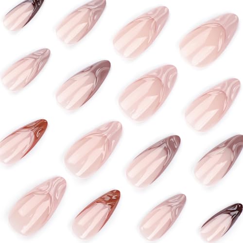 SINHOT Press on Nails Medium Almond Fake Nails Glossy Glue on Nails 3D Brown Chrome Acrylic Nails Stiletto Artificial Nails French Tip Stick on False Nails with Design 24 pcs