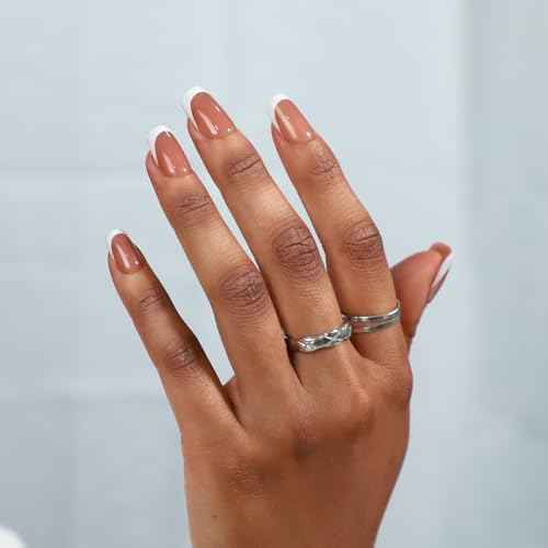 32 PCS Short Square Nude Brown Press on Nails- French Tip Gel Nail Fake Nails, 16 Sizes Glue On Nails Kit, Reusable False Nails with Mini Nail File for Women - Nude Brown Short Square