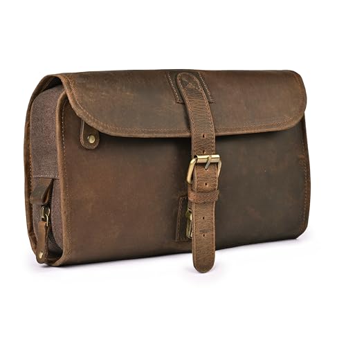 LEATHER VILLAGE Hanging Leather Toiletry Bag for Men & Women, Handcrafted Vintage Cosmetic & Shaving Organizer Travel Dopp Kit Shower Bag - Brown