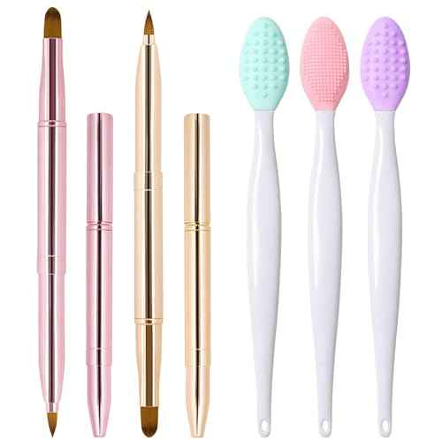 5Pcs Retractable Lip Brush and Lip Scrub Exfoliator Brush Set, Silicone Lip Brush Tool Double-Sided Mini Exfoliating Brush